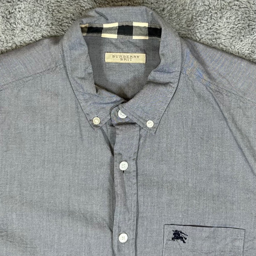 Burberry Brit Mens Blue Cotton Button Down Shirt Nova Check Cuffs Size S